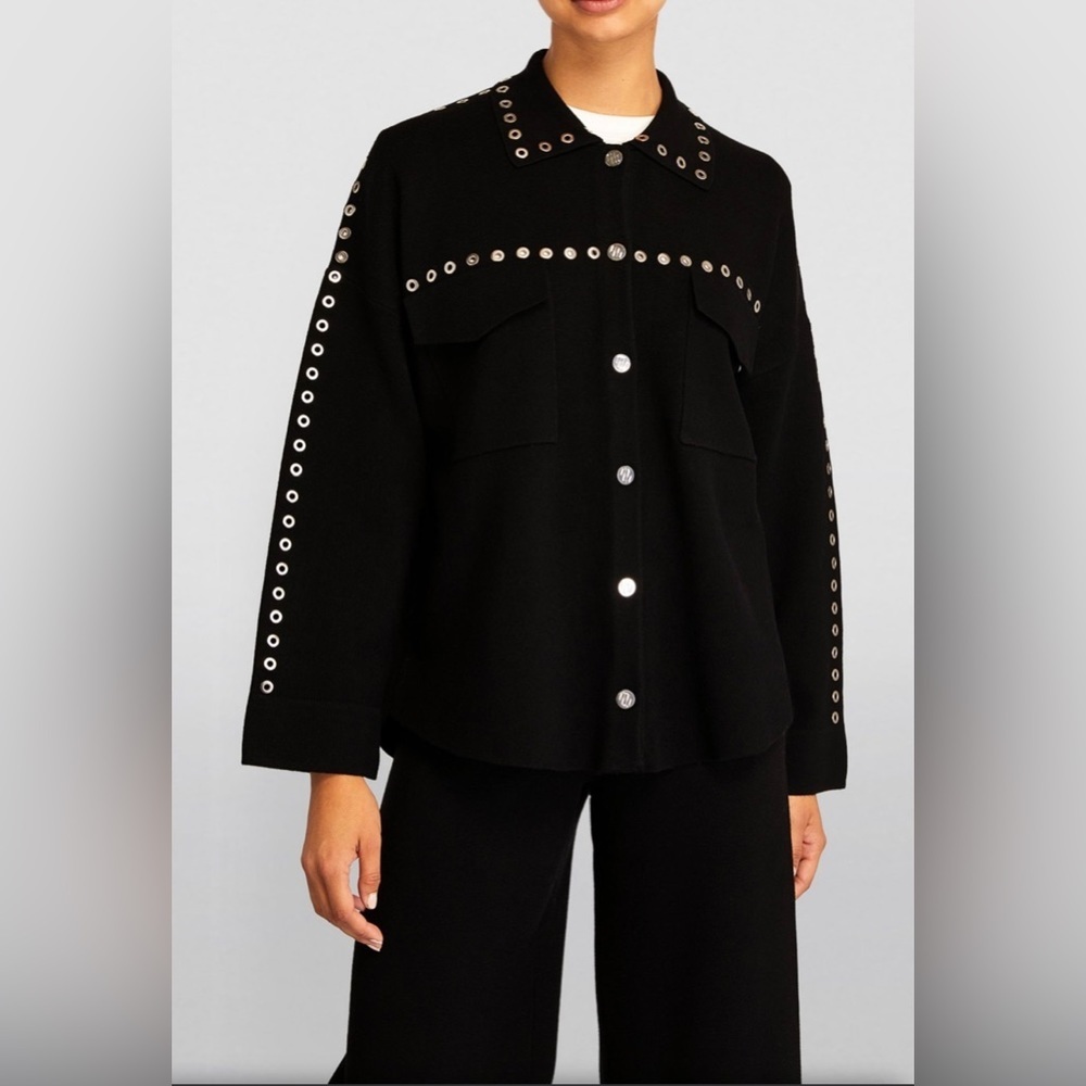 MAJE Knitted Eyelet Black Oversized Over Shirt with Silver Hardware Size: 2 - Picture 10 of 11